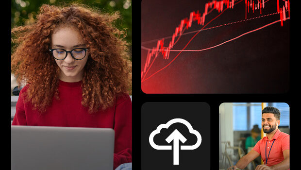 A collage of images. A woman looks at a laptop. A man wearing a lanyard smiles as he types on his laptop.