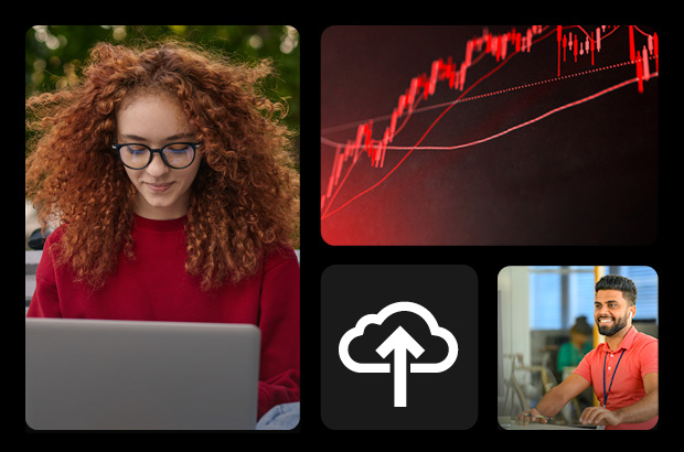 A collage of images. A woman is looking at a laptop. A man wearing a lanyard is smiling, typing on a laptop.