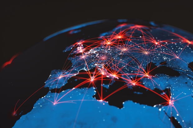 A map of Europe is shown with connected glowing red lines between major cities
