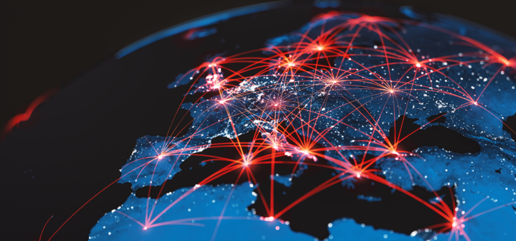 A map of Europe shows red glowing lines connecting major cities